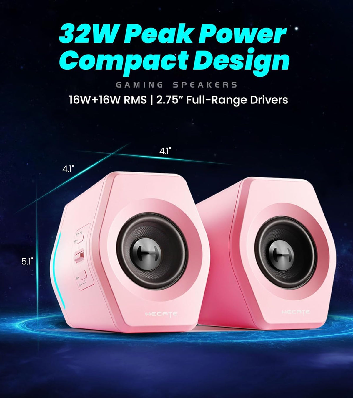 Edifier Hecate RGB Gaming Speakers, 32W Peak Power, Bluetooth 5.1, Game/Movie/Music Modes, 12 RGB Lighting Effects, Compact Design for PC/PS4/Desktop - Pink