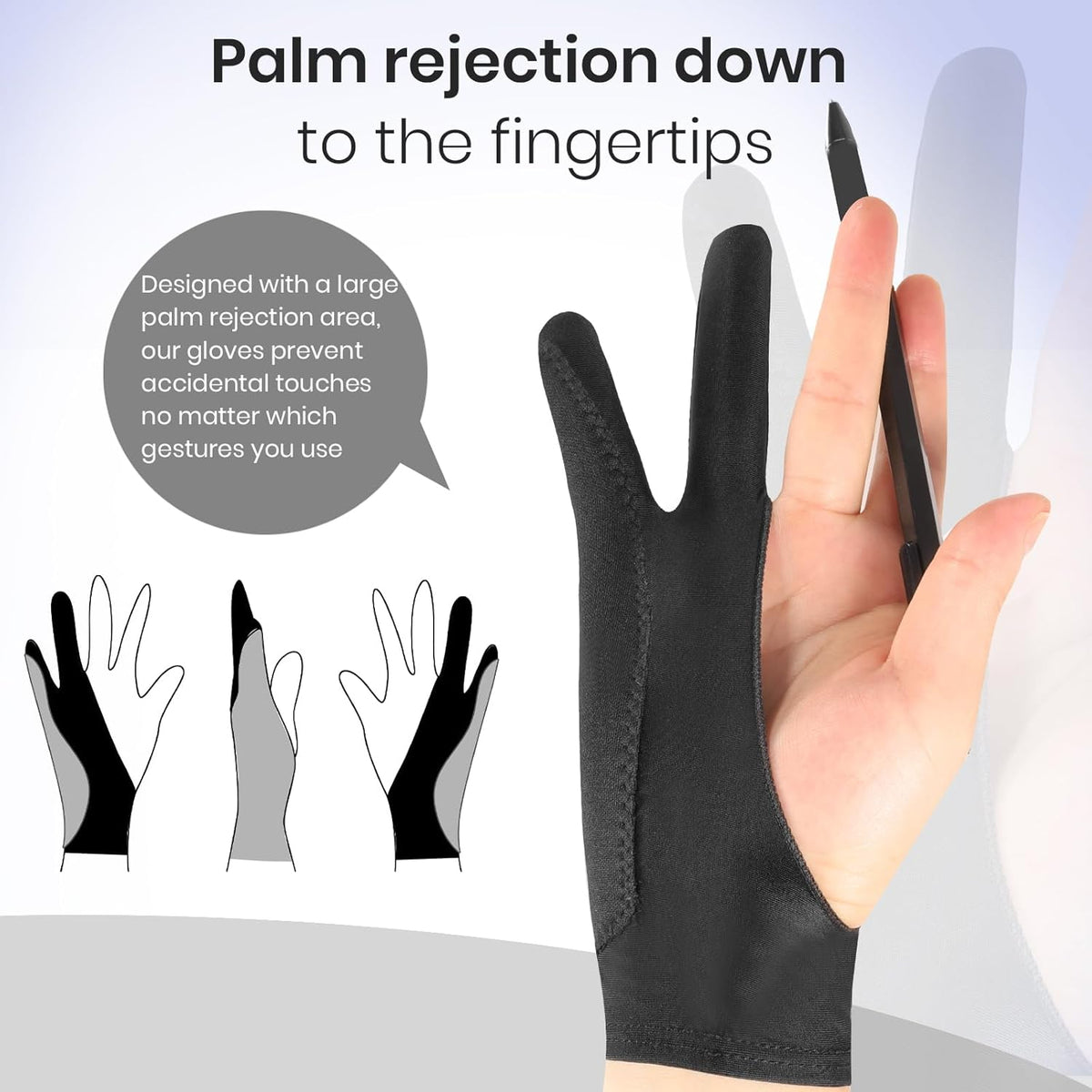 Digital Drawing Glove: 3-Layer Palm Rejection, Two-Finger Artist Glove for Drawing Tablet, iPad, Paper Sketching, Fits Left and Right Hand, Includes Cleaning Cloth(2 Pack,Black,Small)