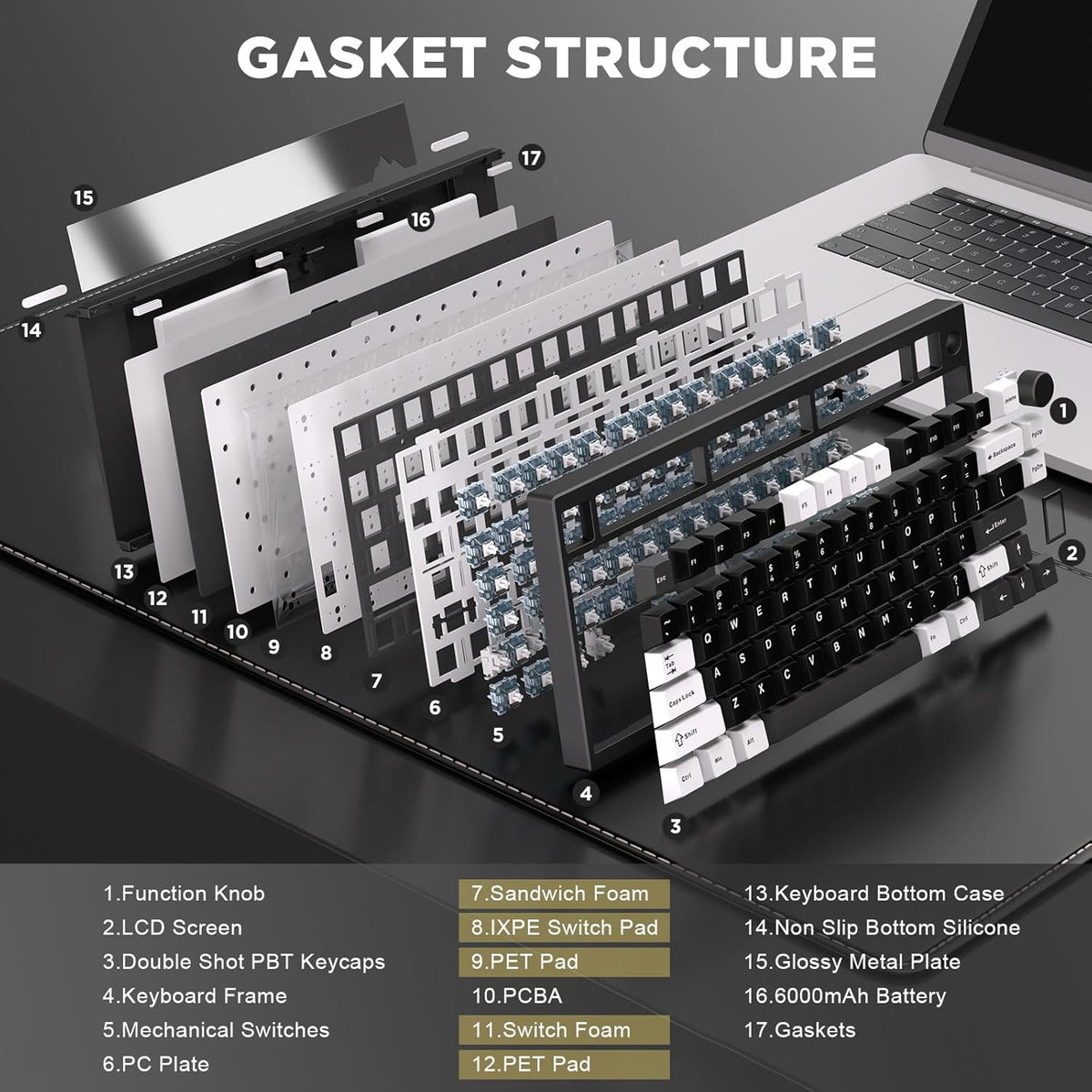 YUNZII AL80 Wireless Mechanical Keyboard,Full Aluminum CNC, Smart LCD Display,Hot Swappable Gasket Mount 75% Layout with Knob,BT/2.4G/USB-C,QMK/VIA Support for Win/Mac (Black, Gateron Zero Switch)