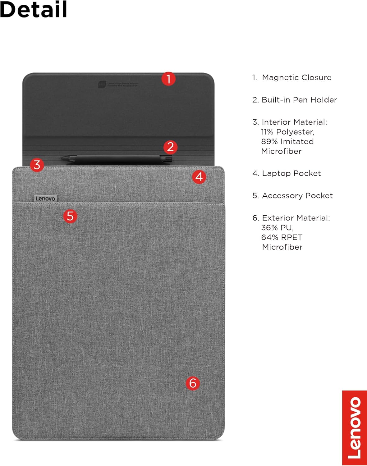 Lenovo Slim Laptop Sleeve 16 Inch Notebook/Tablet - Compatible with MacBook Air/Pro - Eco-Friendly Lightweight Case with Accessory Pocket & Magnetic Closure - Grey