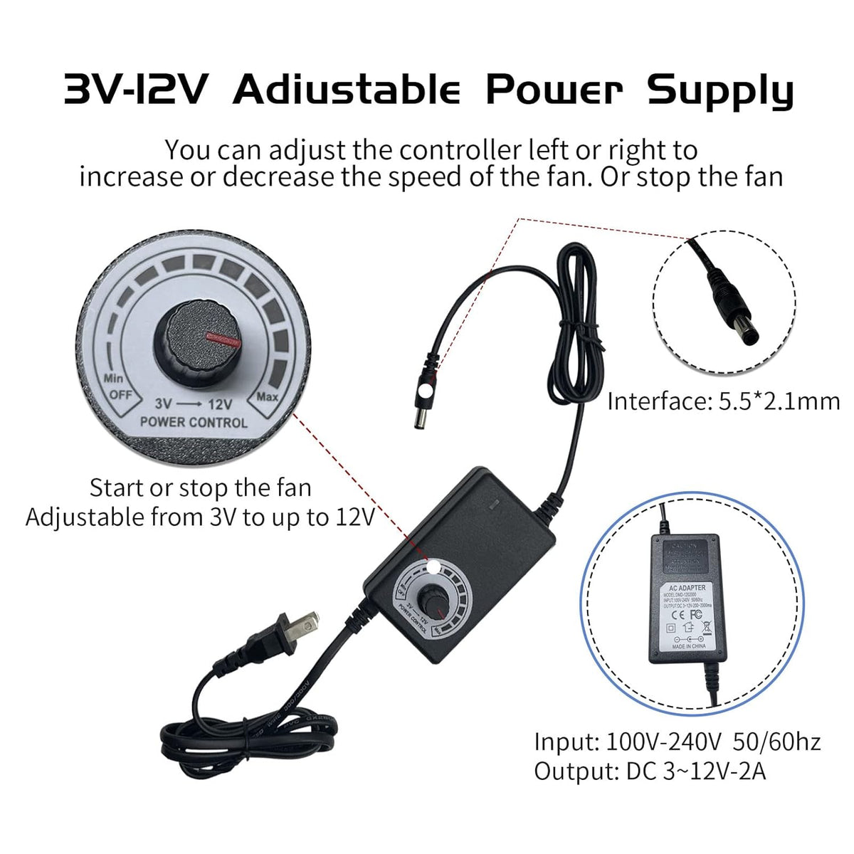 120mm 120V 110V 220V 12V Computer Fan with AC Plug, Variable Speed Axial Muffin PC Fan with Controller Small Case