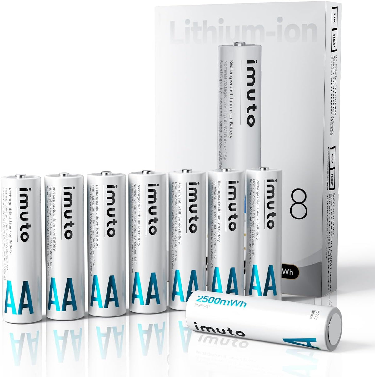 imuto 1.5V 2500mWh 8-Pack, 1600 -40F~140F, Rechargeable AA Batteries Lithium Output, Cycles, Wide Temp Leak-Proof CBPI