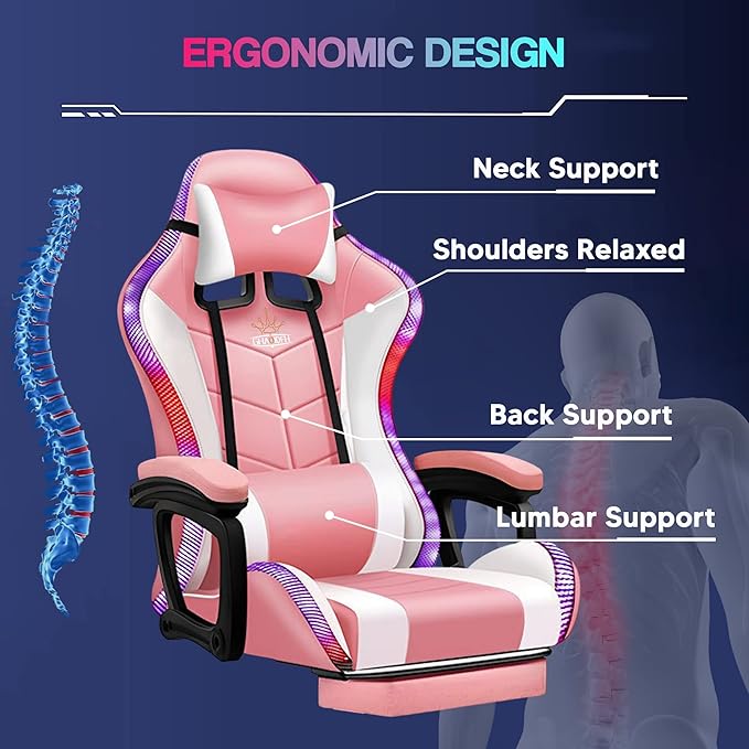 Big and Tall Gaming Chair with Footrest Ergonomic Massage Office Chairs LED Video Game Chair with Speakers Comfortable Headrest Lumbar Support High Back Desk Chair PU Leather for AdultsPink