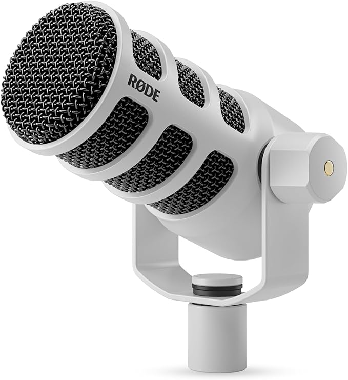 Rode PodMic Dynamic Broadcast Microphone (White) with PSA1+ Microphone Boom Arm WS14 Pop Filter and Premium XLR Cable (Orange)
