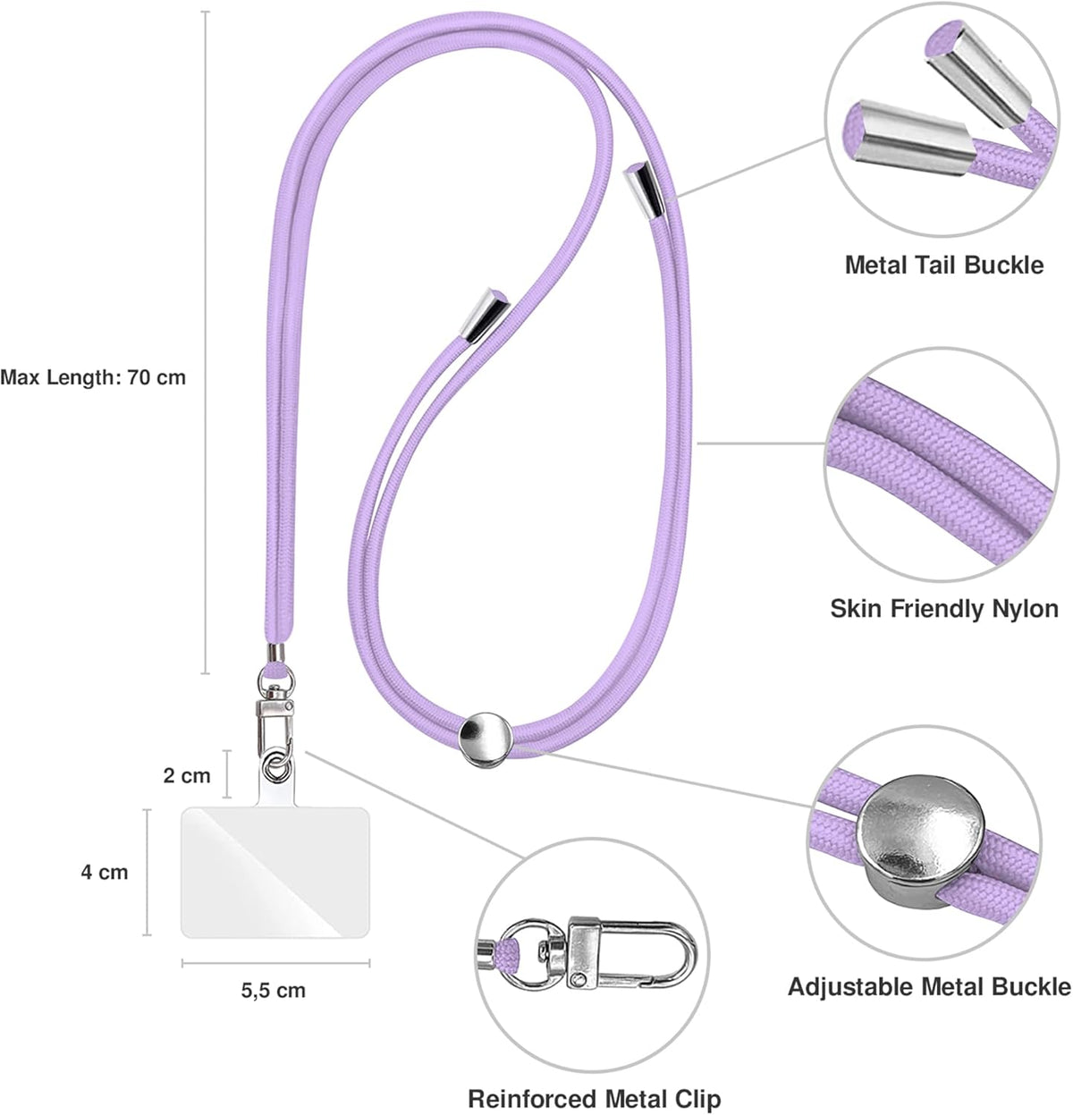 Cell Phone Lanyard [Lilac] - Comfortable Universal Smartphone Lanyard - Easy to Use Neck Phone Holder [Clear Patch] - Adjustable Length Phone Strap Crossbody - Fits All Mobile Phones