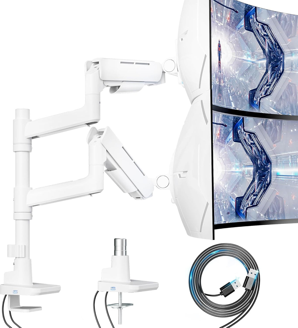 Vertical Dual Monitor Mount for 17-49 Inch Ultrawide Heavy Duty Curved Screen Stacking, Computer Monitor Arm Desk Mount with USB, Gas Spring Adjustable Vesa Stand, White