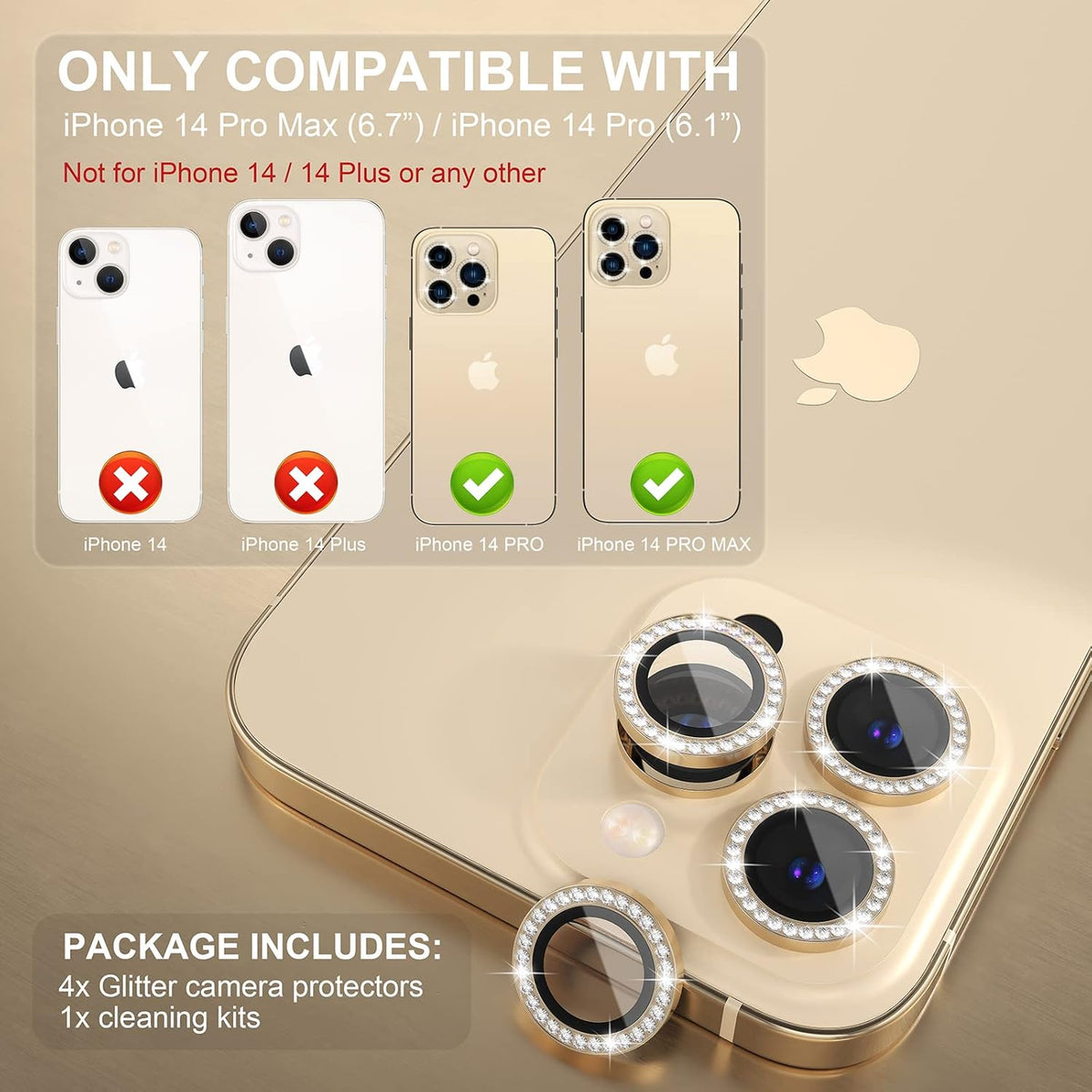 Choiche [3+1 for iPhone 14 Pro/iPhone 14 Pro Max Camera Lens Protector Bling, 9H Tempered Glass Camera Cover Screen Protector Metal Ring Decoration Accessories (Diamond-Gold)