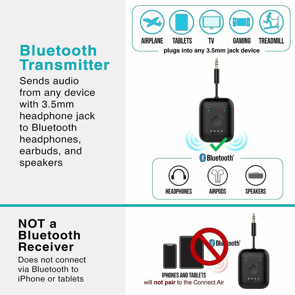 MEE audio Connect Air in-Flight Bluetooth Wireless Audio Transmitter, with Extra Dual 3.5mm Jack AUX Adapter, for up to 2 AirPods/Other Headphones; Works with All 3.5mm Aux Jacks, Black