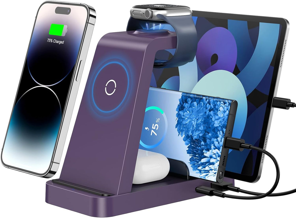 Wireless Charger for iPhone - 5 in 1 Charging Station for Multiple Devices Apple: Fast Wireless Charging Stand Dock for iPhone 16e 16 15 14 13 12 Pro Max Apple Watch Airpods (Purple)