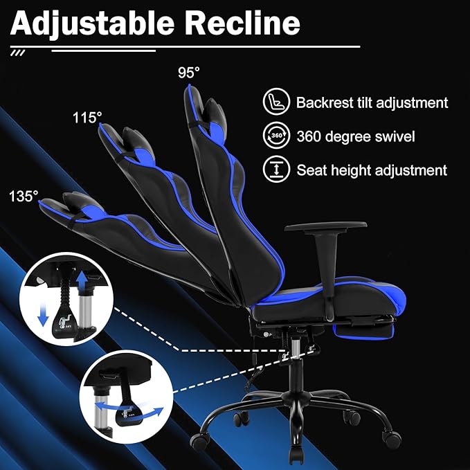Massage Gaming Chair - Ergonomic PC Racing Office Chair with Lumbar Support Headrest Armrest Footrest - Black Heavy Duty PU Leather Recliner for Adults Gamer (Blue)