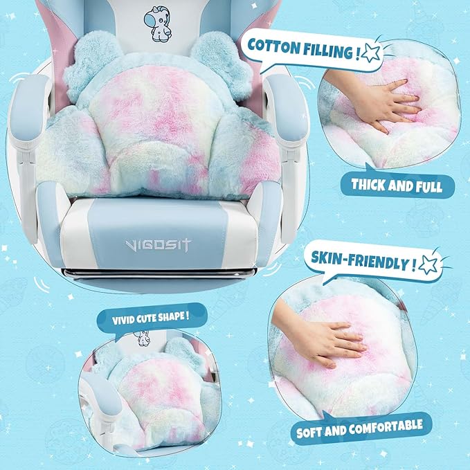 【Gaming Chair with Paw Cushion】 Kawaii PC Gamer Chair for Girls Teens Adjustable Height &amp 90-155° Recline 360° Swivel with Retractable Footrest (BluePink)