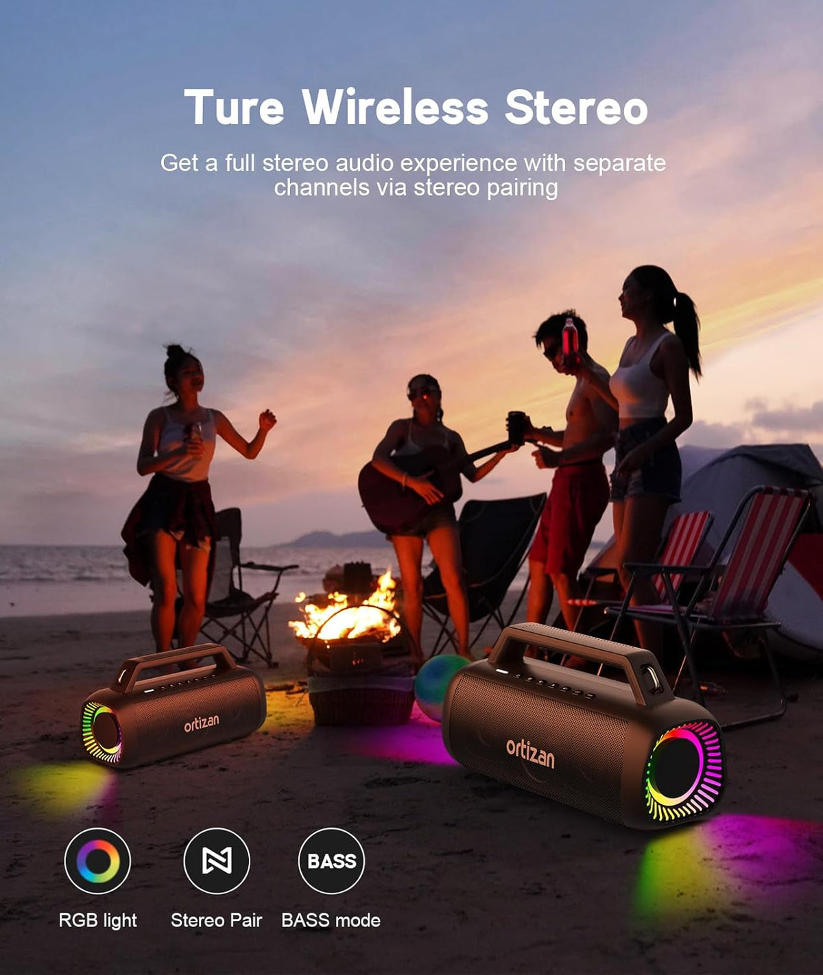 Ortizan Portable Bluetooth Speaker Loud, 80W Peak, Bass Up, 20H Playtime, IPX7 Waterproof, RGB Lights, Wireless Stereo Pairing, BT5.3, USB-C, Subwoofer Outdoor Speaker for Camping, Beach, Backyard