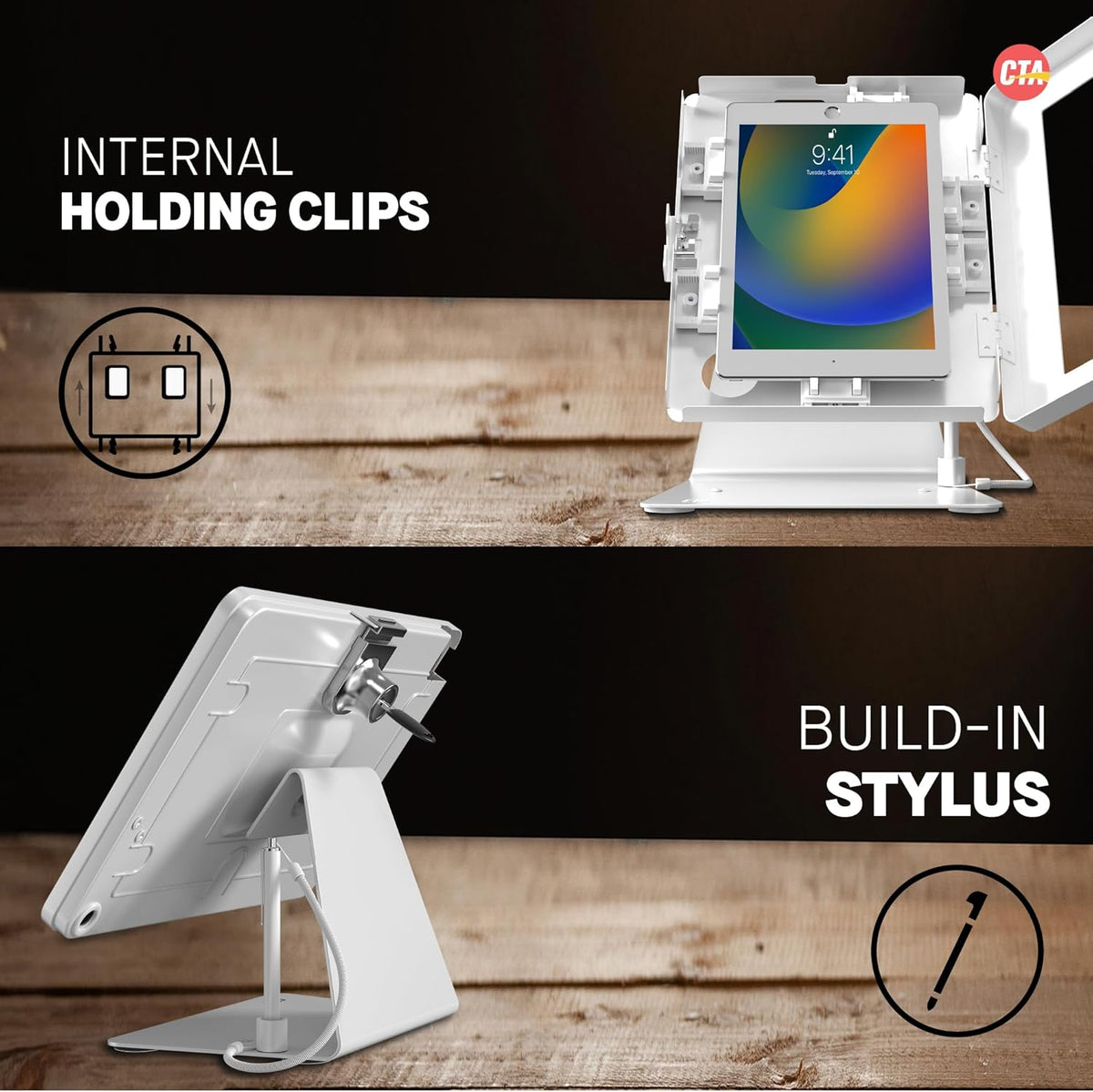 Desktop Anti-Theft Stand – CTA Kiosk Stand with Stylus, Tether, and Aluminum Enclosure for iPad 11th Gen A16 11” - 10th Gen 10.9” - Air 4th & 5th Gen - 11” Pro & More - White (PAD-DASB109W)