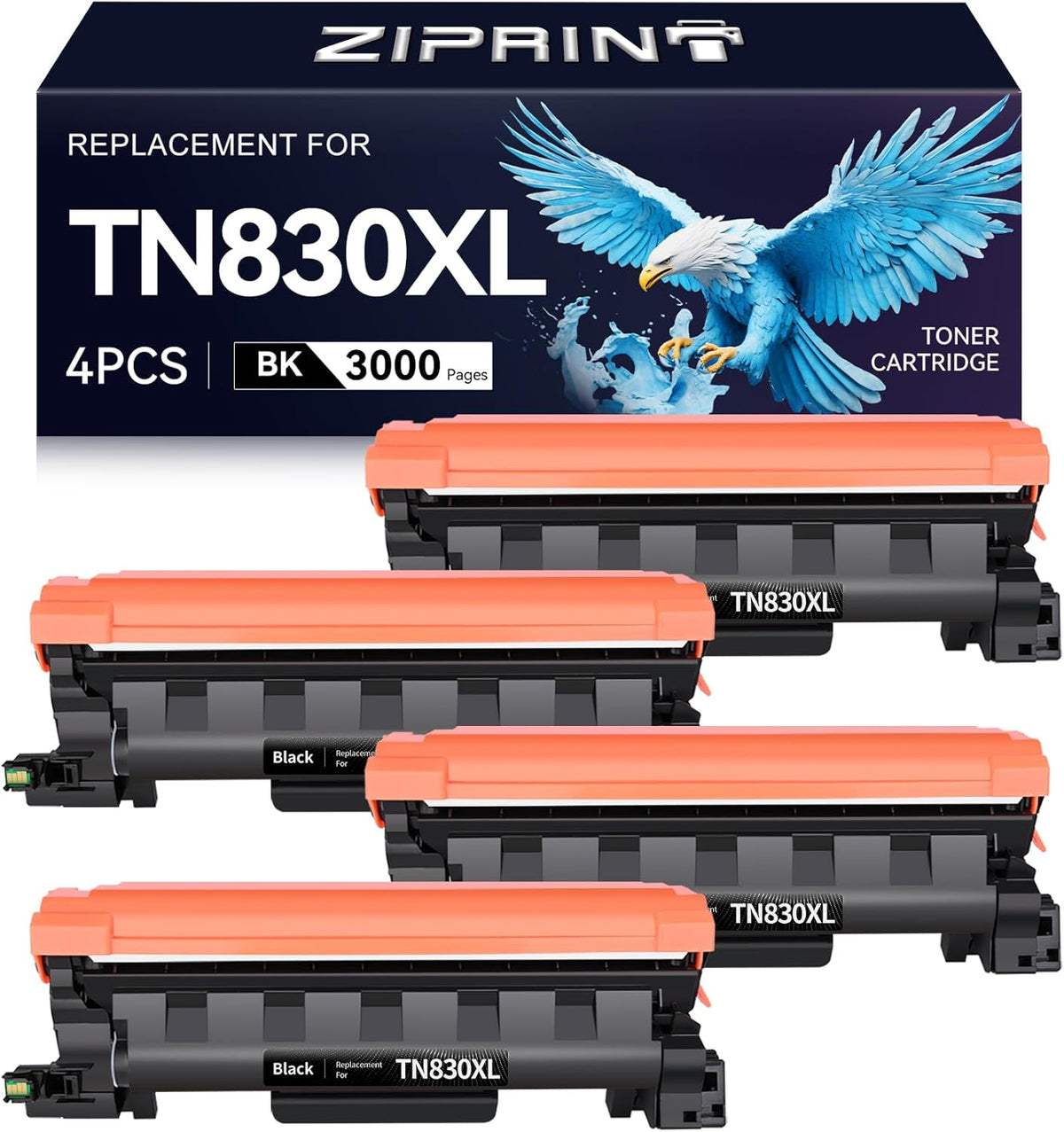 ZIPRINT TN830XL Toner 4 Pack(with chip) Compatible Replacement for Brother tn830 tn 830xl tn830/xl/v tn 830 Toner for HL-L2460DW HL-L2405W DCP-L2640DW MFC-L2820DW MFC-L2900DW HL-L2480DW Printer