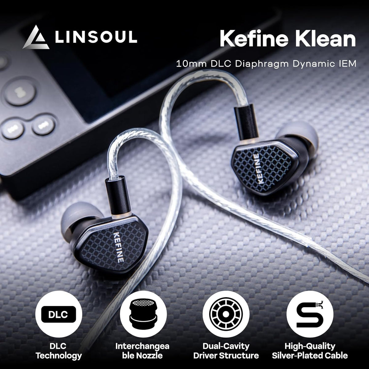 Linsoul Kefine Klean in Ear Monitor,10mm DLC Diaphragm Dynamic Driver HiFi Earphones,Wired Gaming Earbuds,Replaceable Nozzles,Detachable Silver-Plated Cable for Audiophile (with Mic Type-C, Black)