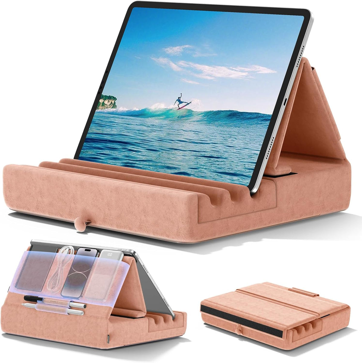KDD Tablet Pillow Holder, Foldable iPad Stand for Lap, Bed and Desk -Tablet Soft Pad Dock with Pocket & Stylus Mount Compatible with iPad Pro 12.9, 10.5, 9.7 Air Mini 6 5 4 3, E-Reader