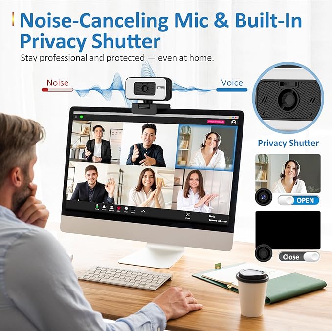 4K Webcam with Light for PC &amp Laptop &amp Mac Computer Camera with AI PDAF AutoFocus Four Physical Controls Buttons Adjustable Webcam Light Privacy Cover for Remote Work
