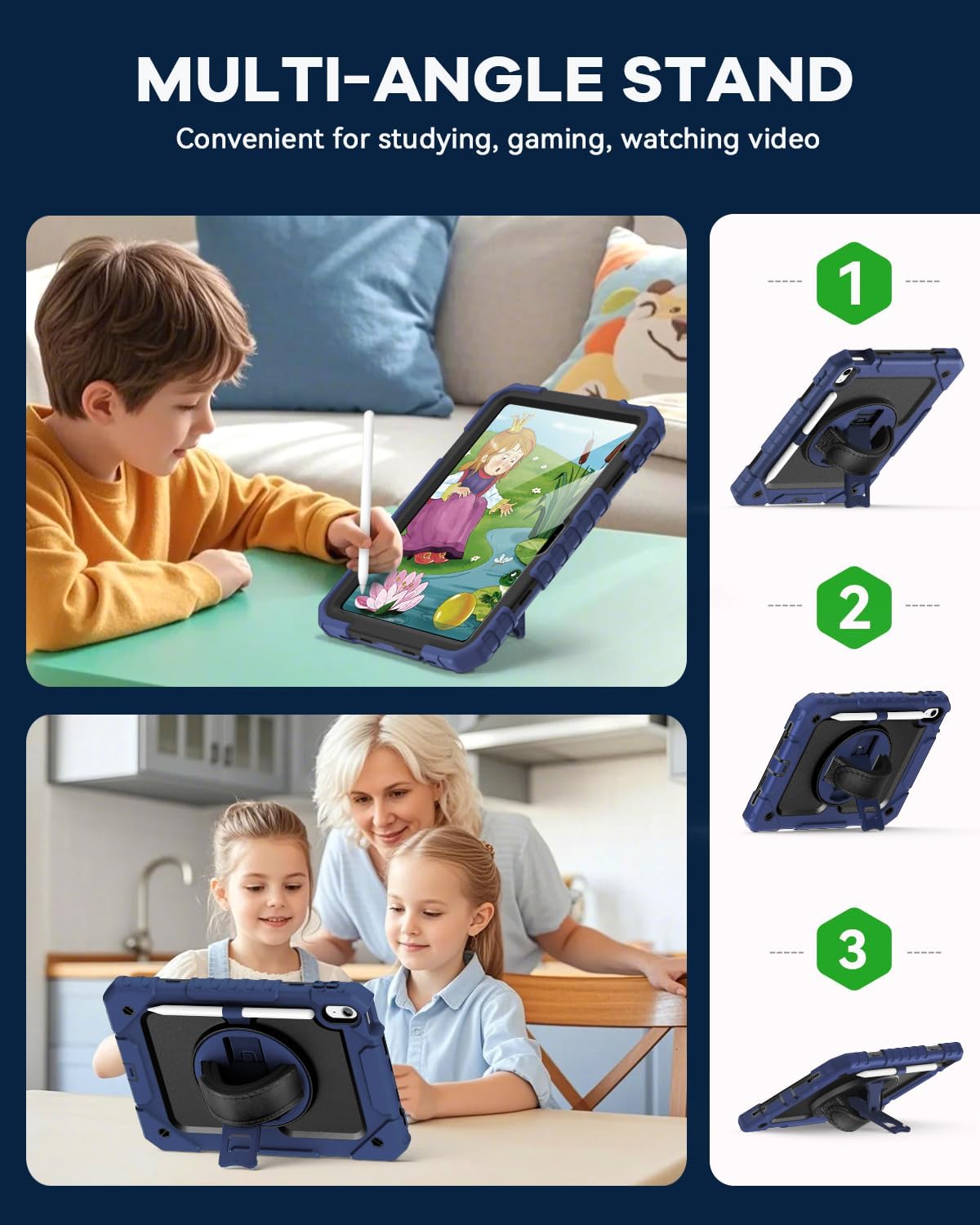 Cantis Case for iPad 11-inch (A16) 2025/ iPad 10th Generation 2022 (10.9 inch) with Screen Protector, iPad 11th Case with 360 Degree Rotating Stand/Shoulder Strap/Pencil Holder, Navy Blue