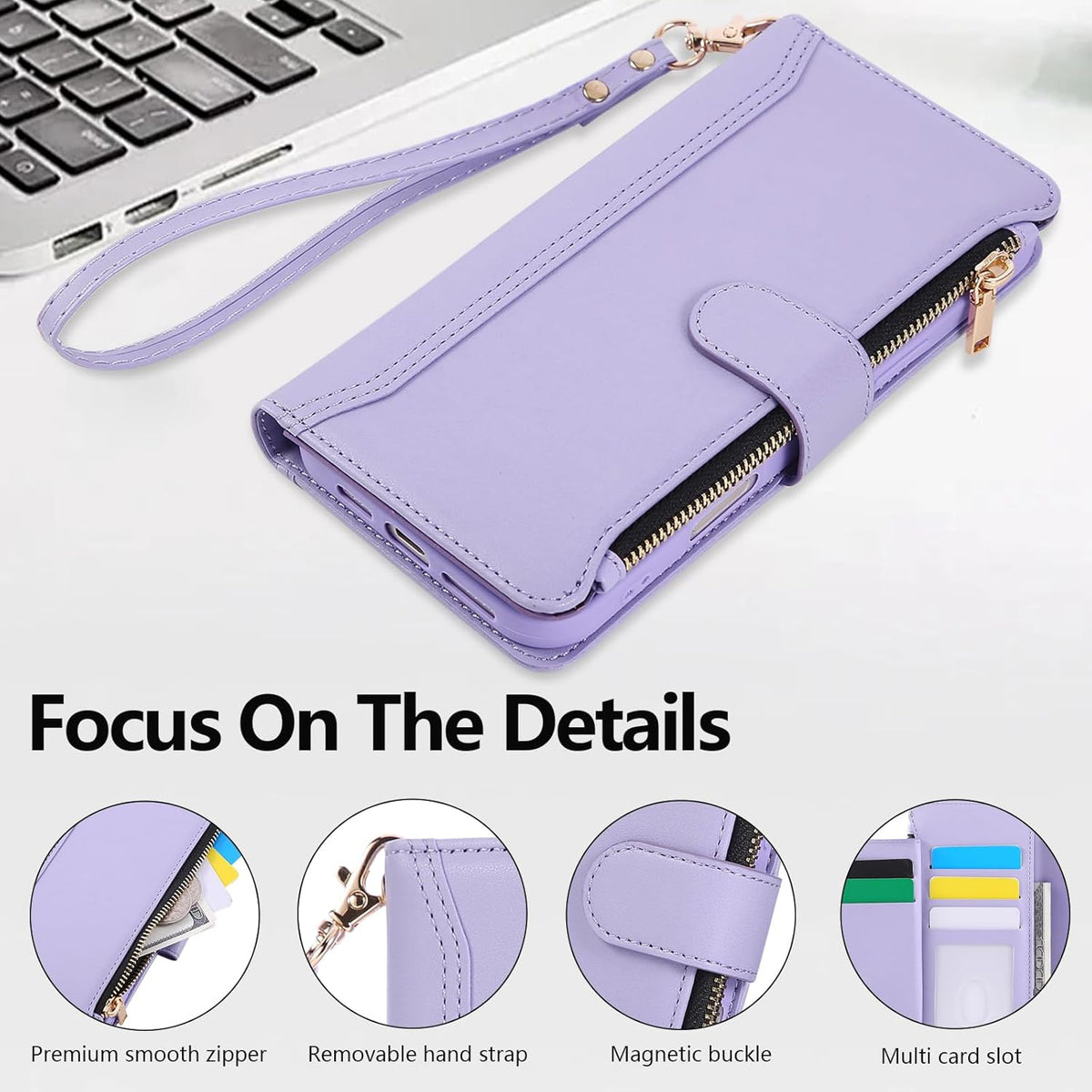 Compatible with iPhone 15 Pro Wallet Phone Case-PU Leather Magnetic Flip Cover with Credit Card Slots,Zipper Pocket & Detachable Wrist Strap,Shockproof Design,for Women and Men-Purple