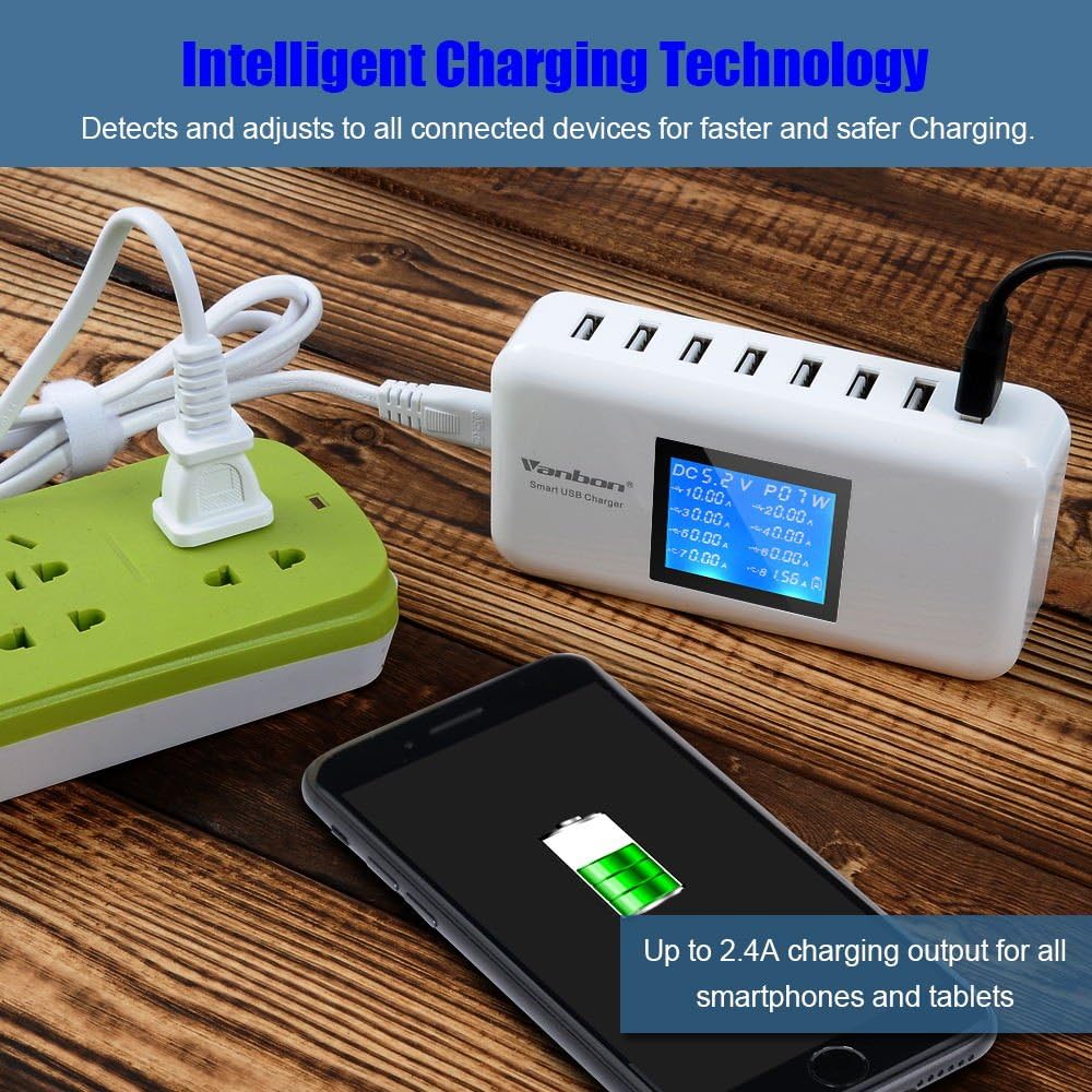 60W 8-Port USB Wall Charger, Multi Port USB Charger Charging Station W/LCD Compatible with Smart Phone, Tablet and Multiple Devices