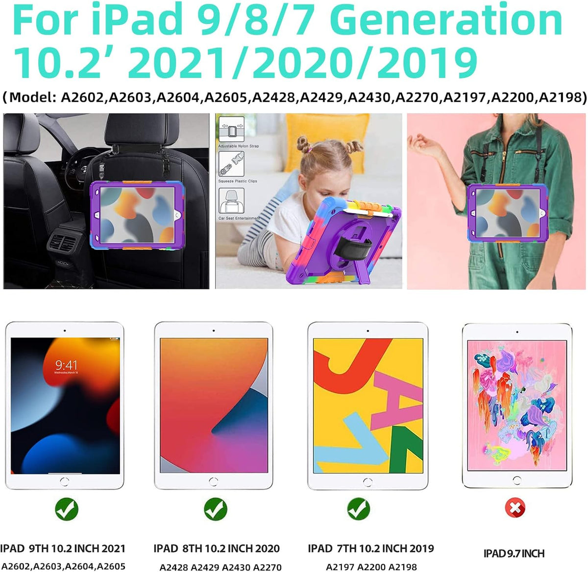 BLOSOMEET Case for iPad 9th/8th Generation 2021/2020 10.2 Inch with Tempered Glass Screen Protector |Rugged Shockproof iPad 7th Gen Kids Cover 2019 w/Stand Pencil Holder & Hand Shoulder Strap|Purple