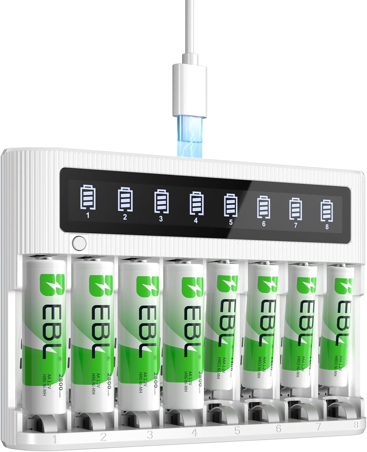 EBL 8 4 2800mAh 4 1100mAh Bay Battery Charger with LCD Screen, Fast Charging for AA AAA Batteries, Includes AA and AAA