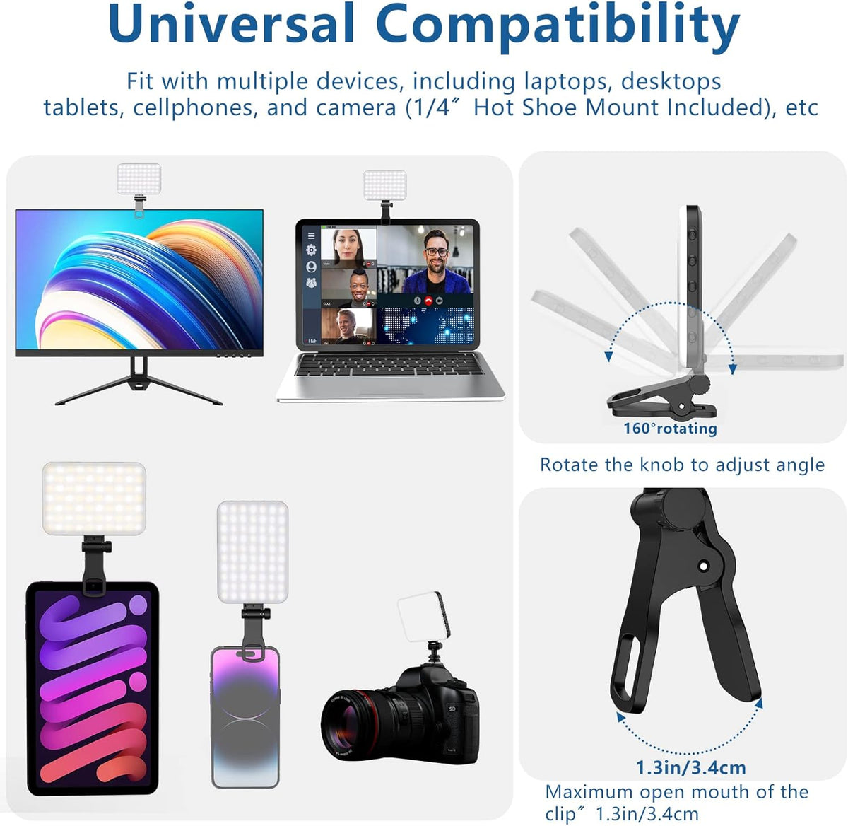 60 LED Portable Selfie Light Video Conference Lighting with Clip & Camera Tripod Adapter Rechargeable 2200mAh CRI 97+, 3 Light Modes for Phone iPhone Webcam Laptop Photo Makeup