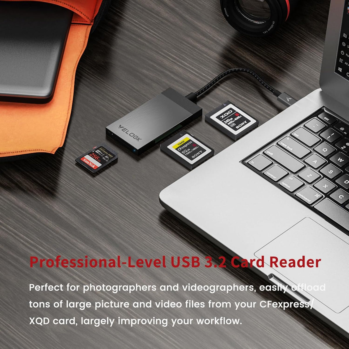 3-in-1 CFexpress/XQD/SD 4.0 UHS-II Card Reader USB C, VELOGK Dual-Slot USB 3.2(10Gbps) CFexpress Type B Card Reader Adapter for Android/Windows/Mac OS/Linux, with Brushed Aluminum Case&Portable Pouch