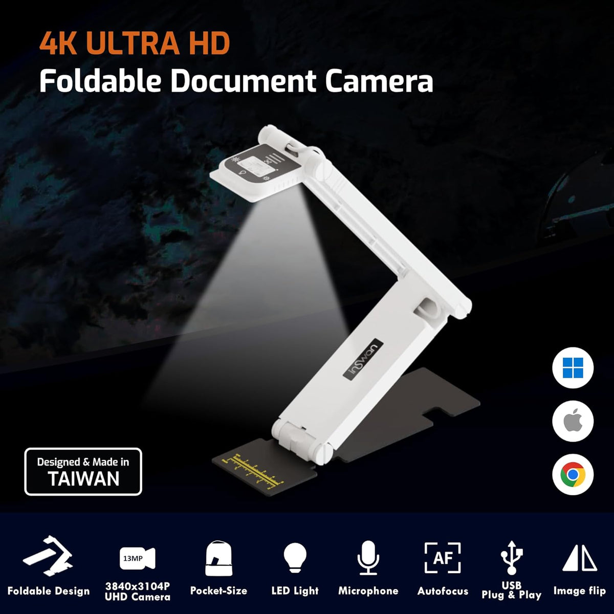 INS-Flip 4 4K USB Portable Document Camera/Webcam/Visualiser—13MP Ultra HD, Foldable Design, Auto Focus, Mic, LED, Compatible with Mac OS, Windows, iPad, Chromebook for Distance Learning