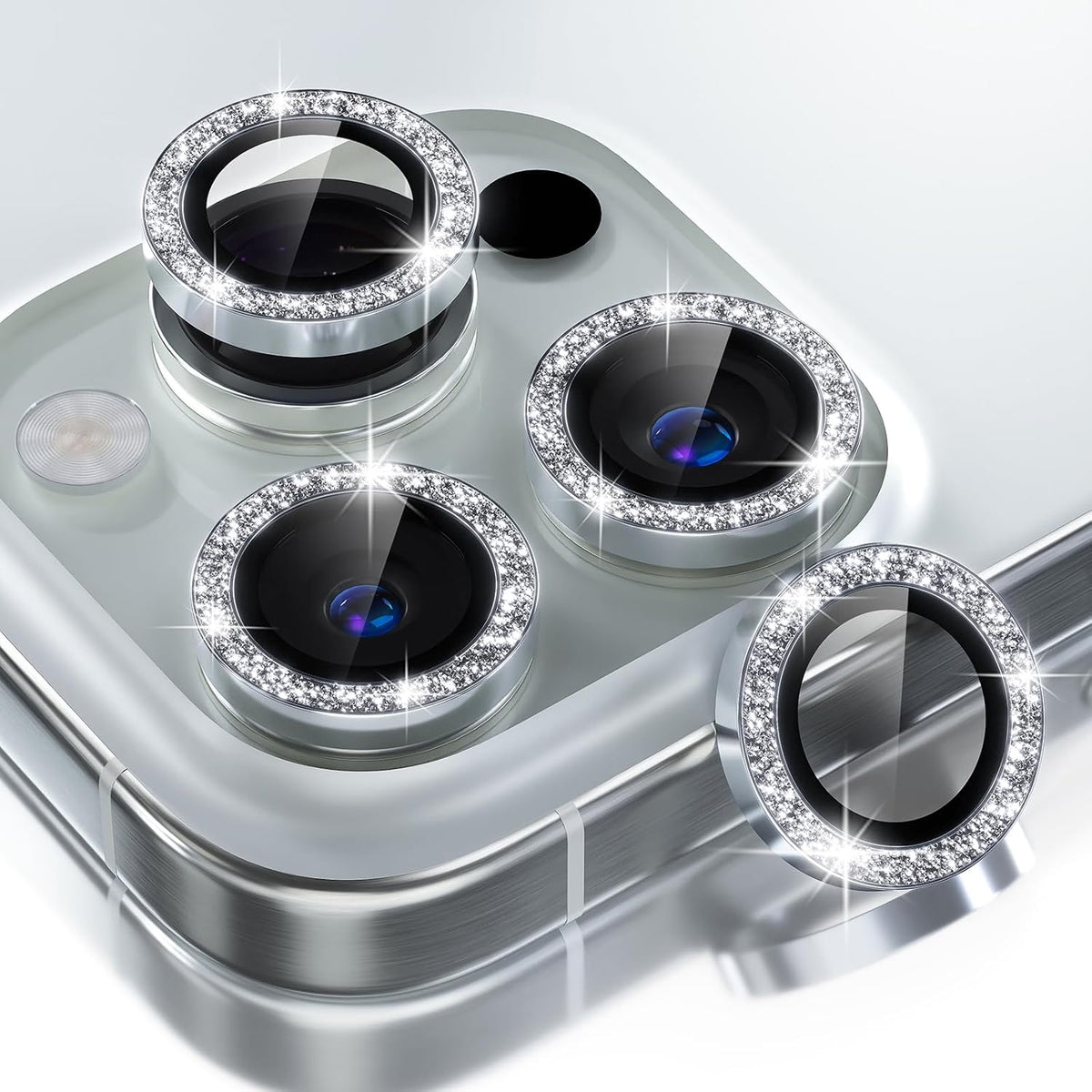 Choiche Compatible for iPhone 16 Pro/iPhone 16 Pro Max Camera Lens Protector Bling, 9H Tempered Glass Camera Cover Screen Protector Metal Ring Decoration Accessories (Glitter-Silver)