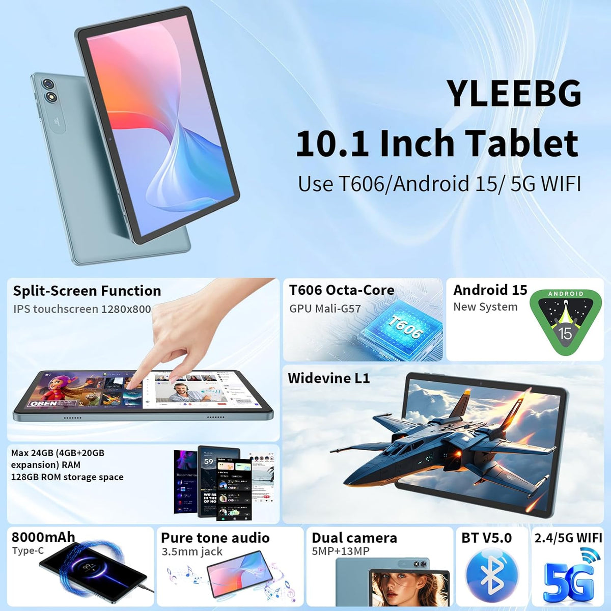 Android Tablet with Keyboard,10 inch Android 15 tablet, 24GB RAM 128GB ROM, 1TB Expand, Octa-Core, Widevine L1, 2.4G/5G WiFi, 8000mAh, Bluetooth, GMS, 2 in 1 Tablet with Case, Mouse, Stylus (Black)