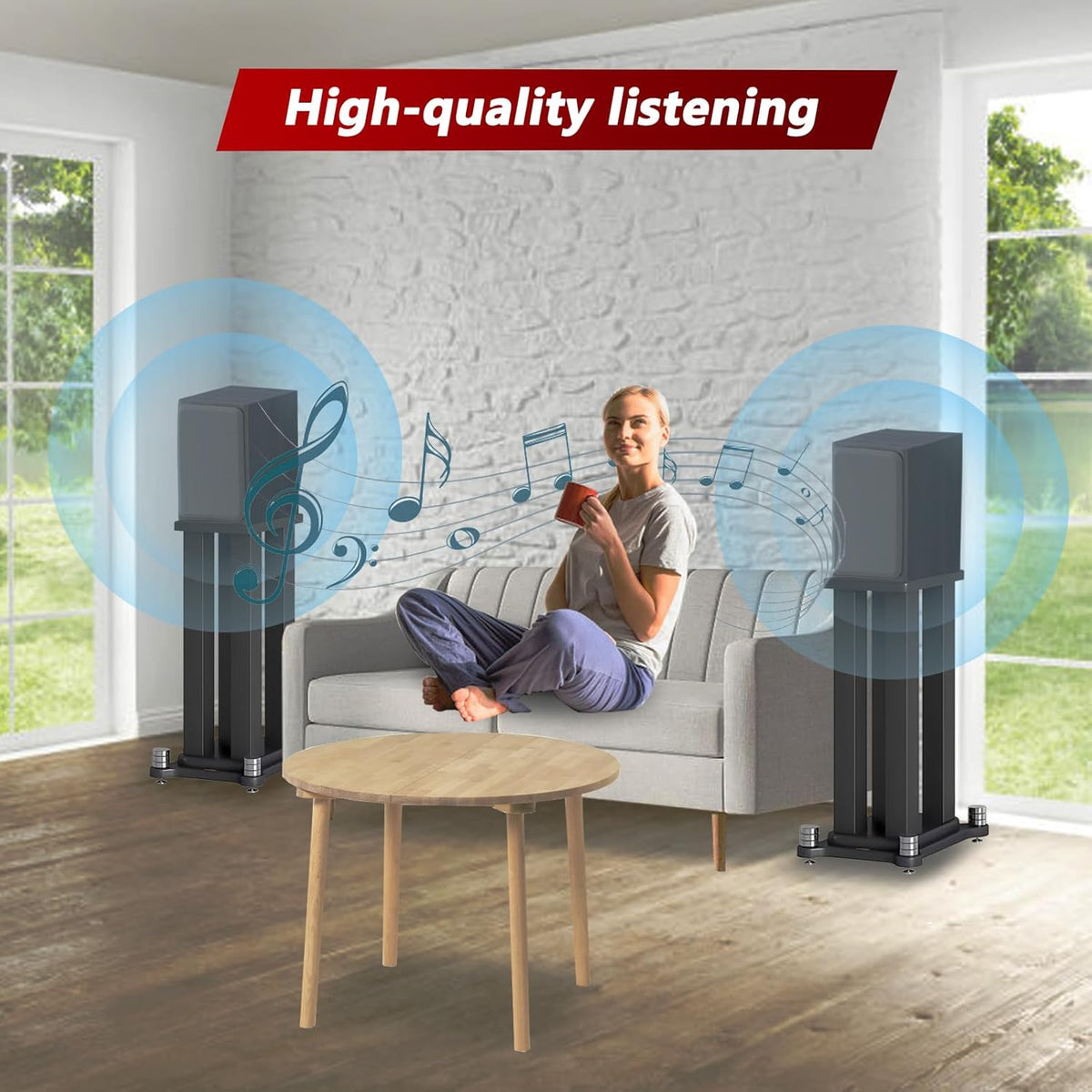 A Pair of Universal Speaker Stands, Heavy Duty Speaker Stands Holds Bookshelf Speaker Satellite Speaker Large Speaker, Vibration-Absorbing MDF Design, Holds 88lbs Speaker (Teak, 60cm/23.6in)