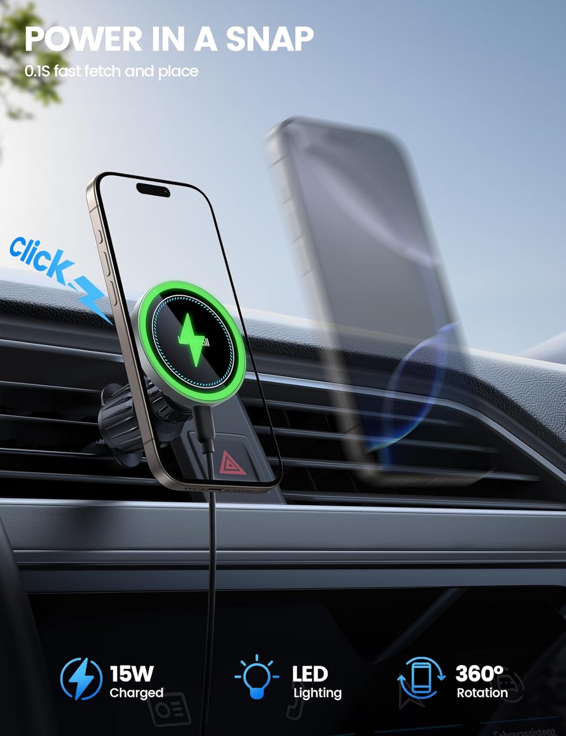 Lamicall for Mag Safe Car Mount Charger - [2025 Ultra Magnet] 15W Wireless Car Phone Holder Charger - HandsFree Magnetic Phone Holders for Your Car Vent for iPhone 16 15 14 13 Pro Max Silver
