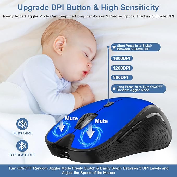 Mouse for MacBook Wireless Bluetooth Mouse Laptop MacBook Air Mac Pro Rechargeable Silent PC iPad Optical Mouse with Jiggler Dual Mode Switch Bluetooth 5.2/3.0 and 2.4GHz USB Type-C Receiver Blue