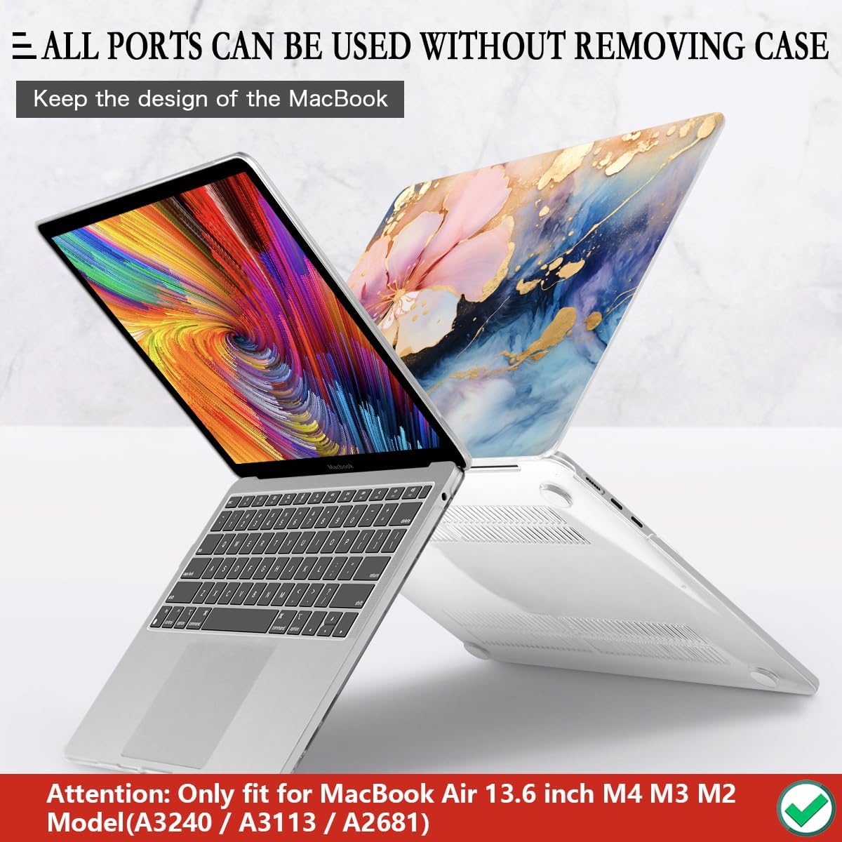 CISSOOK Compatible with MacBook Air 13.6 inch Case M2 M3 M4 Release 2025 2024 2023 2022, Plastic Hard Shell Case Keyboard Cover Screen Film for MacBook Air 13 inch A3240 A3113 A2681, Marble Flower