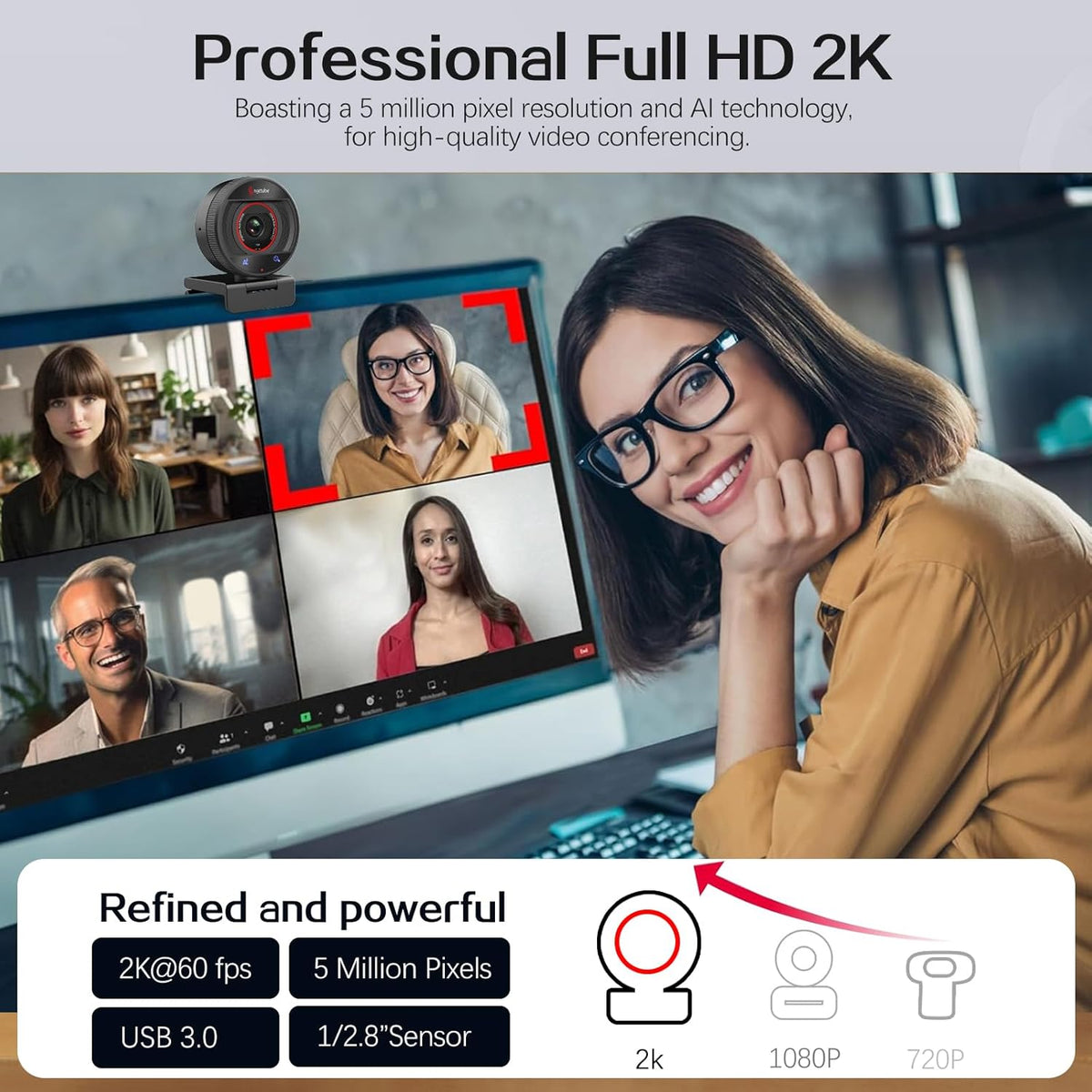 Angetube AI Webcam for PC - 1080p/2K@60FPS HD Web Camera with Remote Control, 8X Digital Zoom Webcam, Privacy Cover, TOF Auto Focus, HDR, USB 3.0 Web Cam Work with Zoom, Skype,Teams, Windows,Mac
