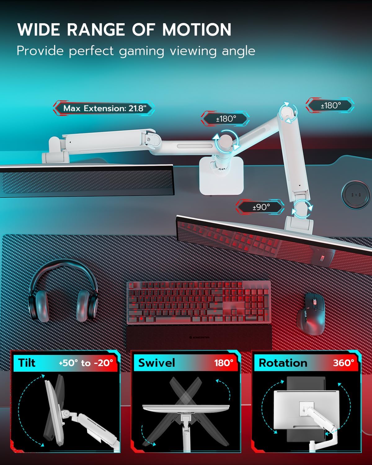 Vertical Dual Monitor Mount for 17-49 Inch Ultrawide Heavy Duty Curved Screen Stacking, Computer Monitor Arm Desk Mount with USB, Gas Spring Adjustable Vesa Stand, White