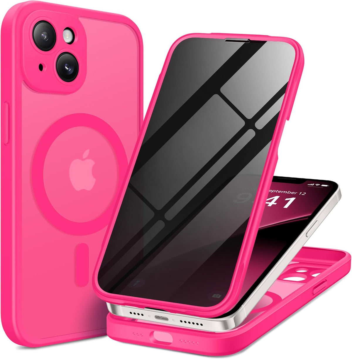 BERFY Magnetic for iPhone 14 Case, Compatible with MagSafe, Built-in Privacy Screen Protector and Upgraded Camera Protection, Anti-Spy Full Body Shockproof Phone Case for 14 6.1", Hot Pink