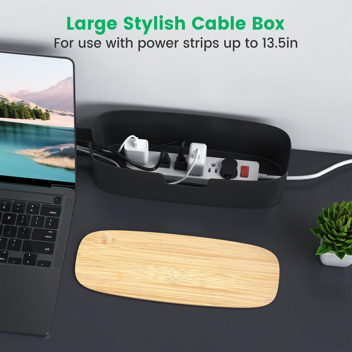 Large Cable Management Box - Cord Organize Box with Bamboo lid for Safe Home & Office, Cord Hider for Power Strip Under Desk, Cover TV Wires, Child & Pet Proof Cord Box, Black