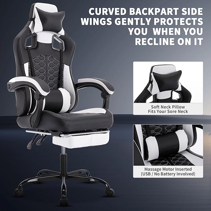 Gaming Chair Ergonomic Computer Chair with High Back Office Computer Chair with Footrest and Massage Lumbar Support Height Adjustable Swivel Video Game Chair (Black White 1)