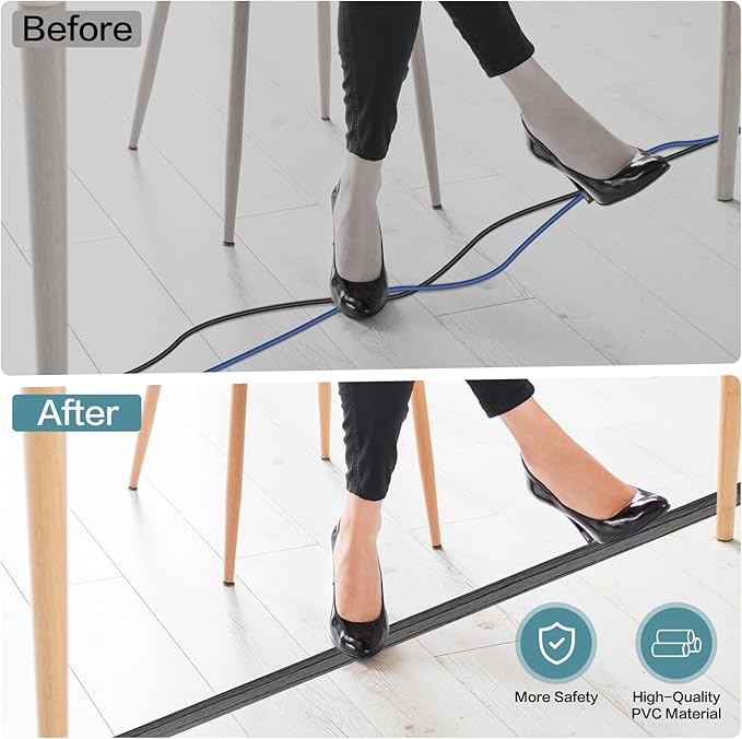 Floor Cord Cover Self Adhesive Cord Hider Floor Extension Cord Covers for Floor Power Cord Protector Cable Management Prevent Cable Trips Cable Cavity 0.59" W x 0.31" H (Deep Grey Wood, 20Ft)