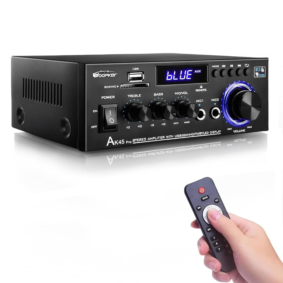 AK45 Pro Stereo Amplifier Home Audio, Stereo Receivers with Bluetooth 5.0,Max 400W, 2.0 Channel Audio Receiver for Home Theater Speakers w/USB/SD/RCA/2 MIC in for Karaok