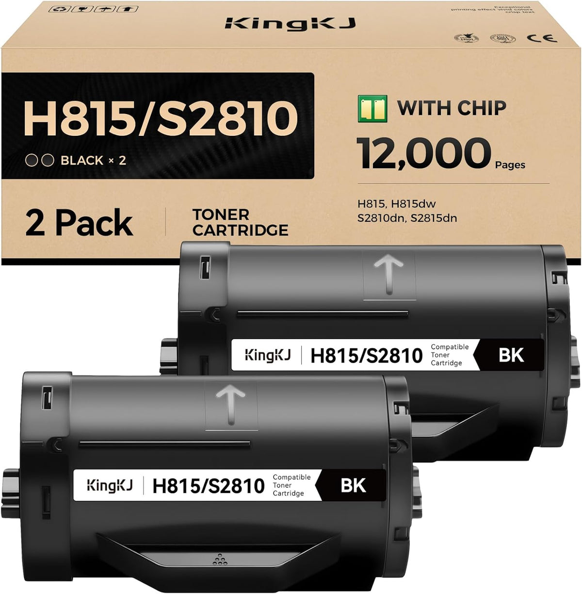 KingKJ H815 S2810 Black Toner Cartridge 2-Pack High Yield Replacement for Dell 593-BBMF 593-BBML Toner Cartridges Compatible with Dell H815 S2810dn H815dw S2815dn Laser Printer Ink All-in-One Copier