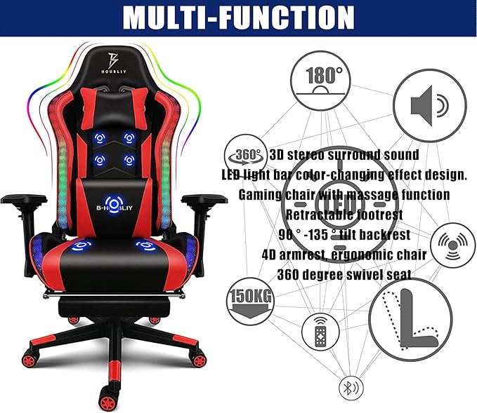 TBQATNTS Massage Gaming Chair with Speakers Ergonomic Pro Gaming Chair with Headrest and Lumbar SupportReclining Computer Chair with Footrest and RGB LightsVideo Game Chair for Adults Kids.Black