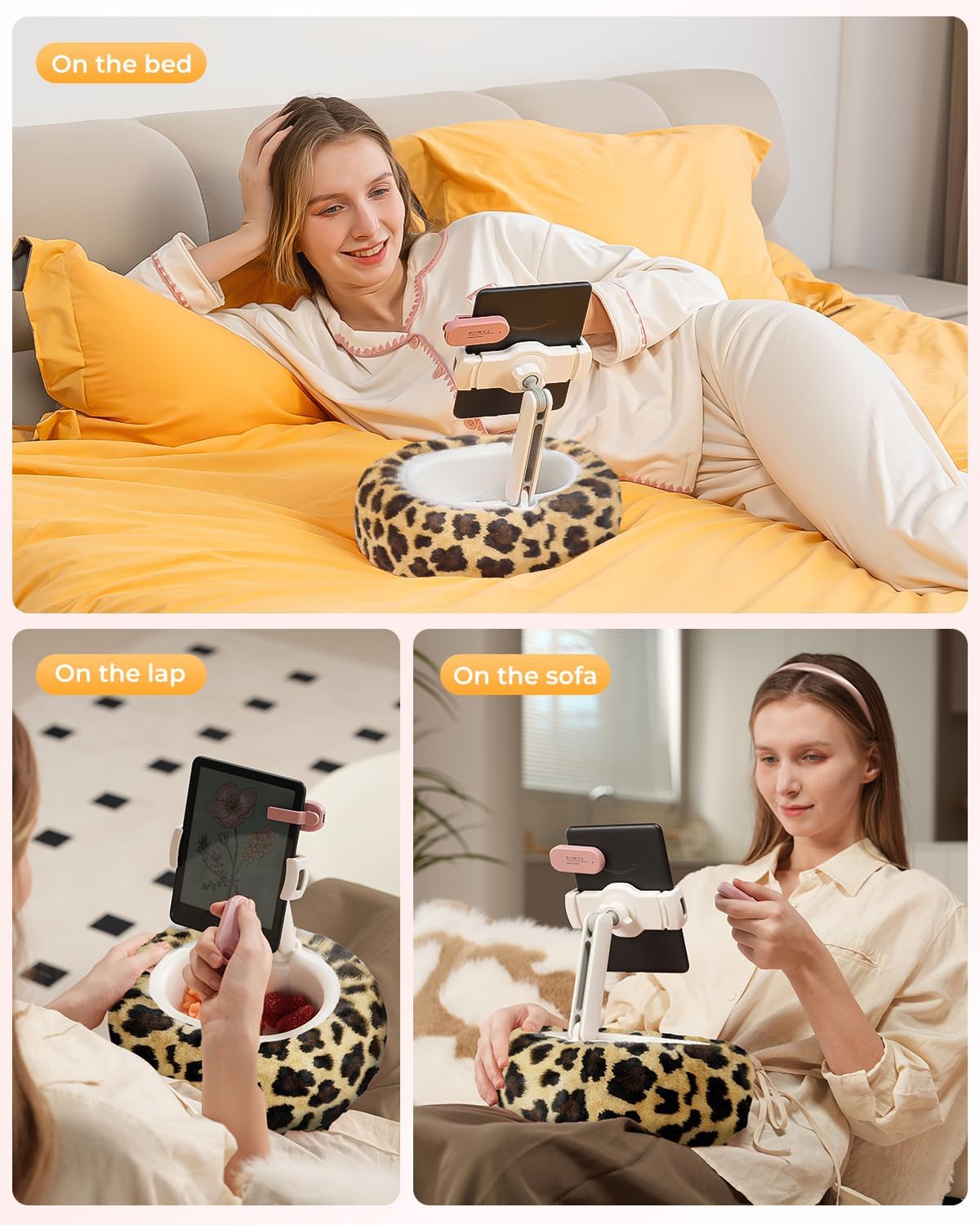 Kindle Pillow Stand with Leopard Print – Soft Tablet Holder with Snack Bowl & Cup Holder, Fuzzy Hands-Free Stand for Bed, Couch, Compatible with Kindle, iPad, Phones (Leopard)