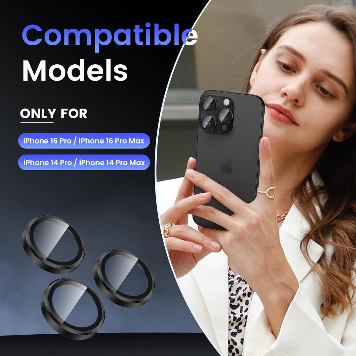 Tensea Camera Lens Protector Compatible for iPhone 16 Pro Max/16 Pro/14 Pro Max/14 Pro, Metal Aluminum Alloy Tempered Glass Cover Camera Screen Protector Accessories, Case Friendly