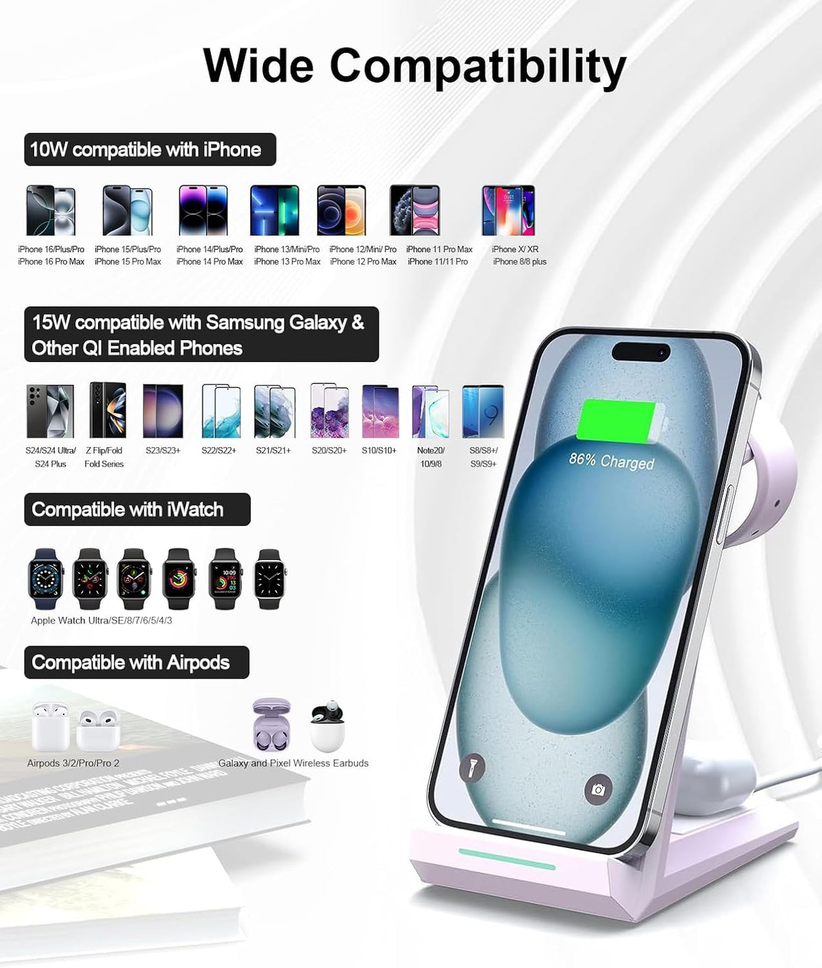 Wireless Charging Station for iPhone - ADADPU 3 in 1 Charger Stand for iPhone 16 15 14 13 12 11 Pro Max XR XS 8 Plus, Wireless Charging Dock for Apple Watch 8/7/SE/6/5/4/3/2, AirPods Pro/3/2 (Purple)