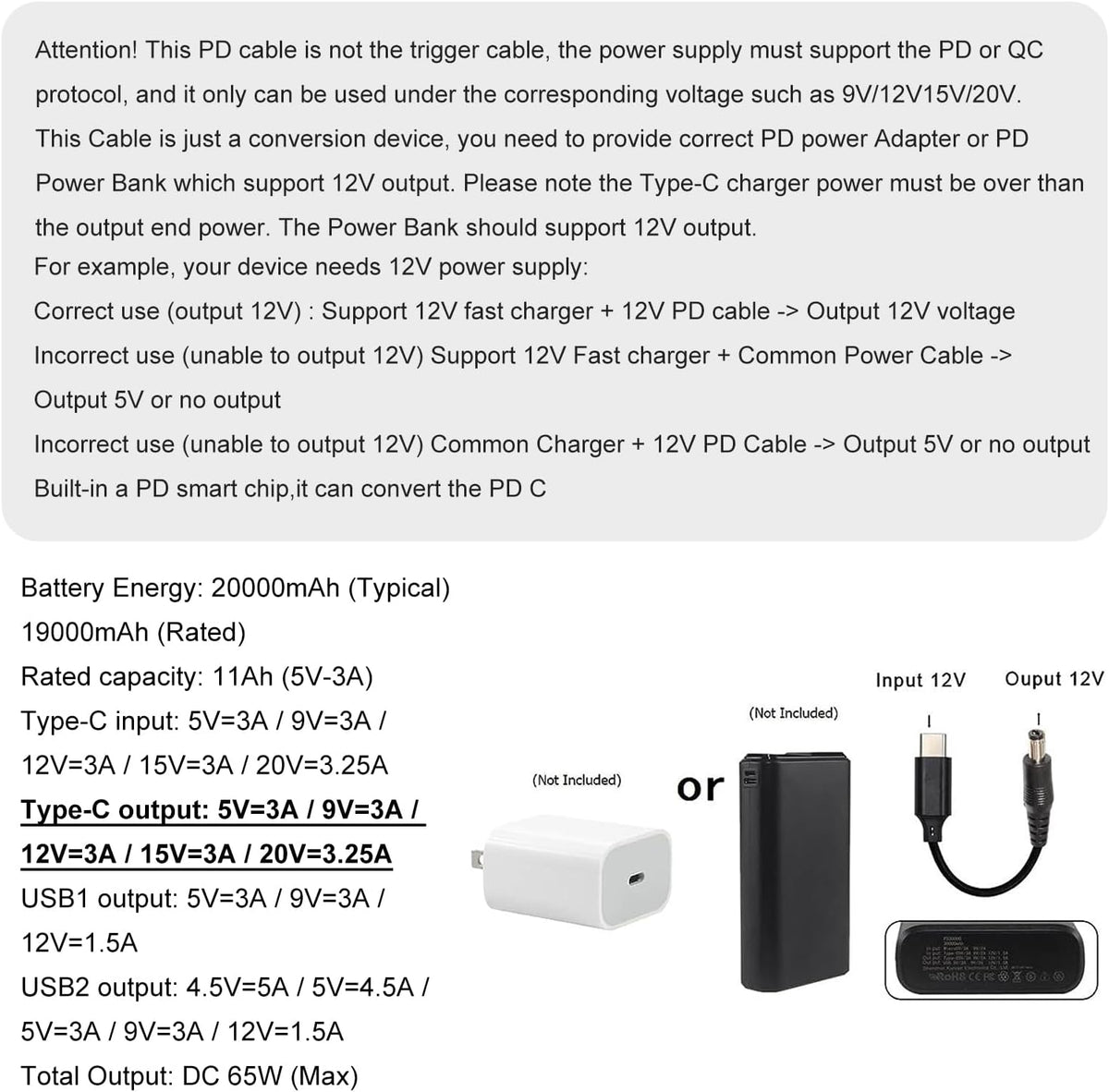 HSZJsto 5.5mm 2.1mm 12V 12V 3A 36W USB C to DC x Power Cable Cord, USB C Input to DC Out Charging Cable, Work with PD
