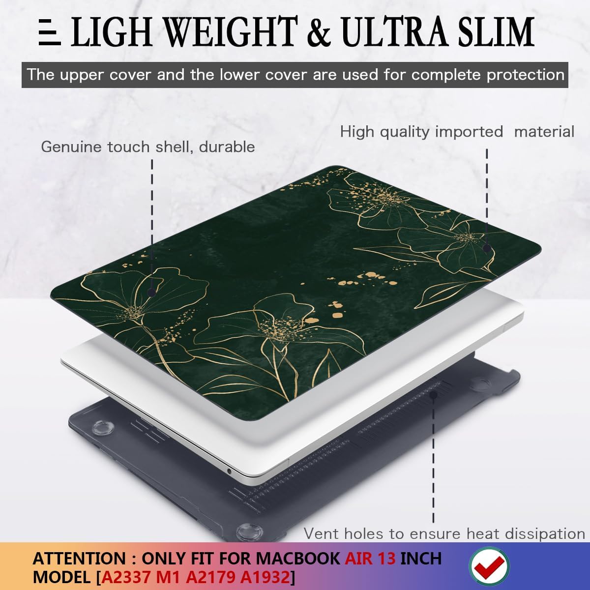 CISSOOK Case for MacBook Air 13 inch 2021 M1 A2337 A2179 A1932, Hard Shell Case+ Keyboard Cover+ Screen Protector for New MacBook Air 13 with Retina Display and Touch ID 2022-2018, Elegant Gold Lotus