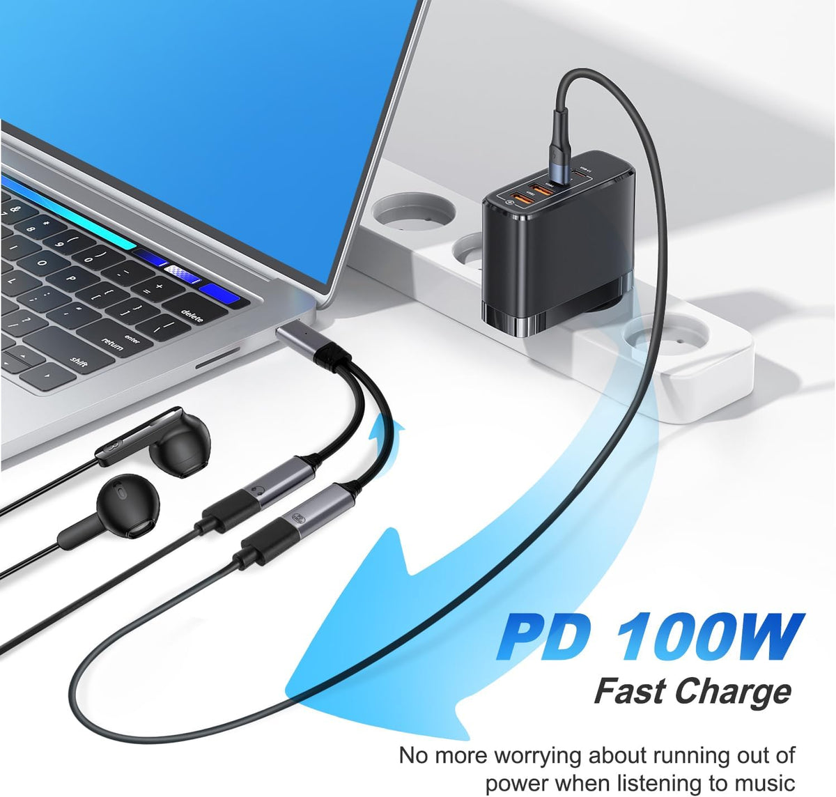 USB C Splitter，2 in 1 USB C Headphone and Charger Adapter Audio Dongle Cable with PD 100W for iPhone 16 15 Pro Max, Pixel 9 8 7, Galaxy S24 S23 S22, iPad Pro